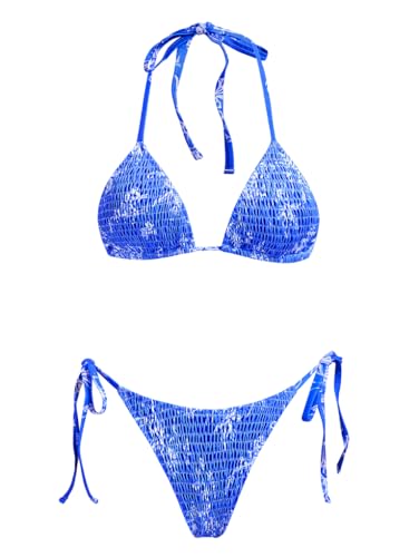 Image of Women's Triangle Bikini Set String Swimsuit Print Tie Smocked Ruched Two Piece Bathing Suit