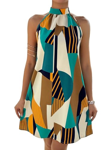 Image of Floerns Women's Geo Print Halter A Line Dress Sleeveless Vacation Short Dresses