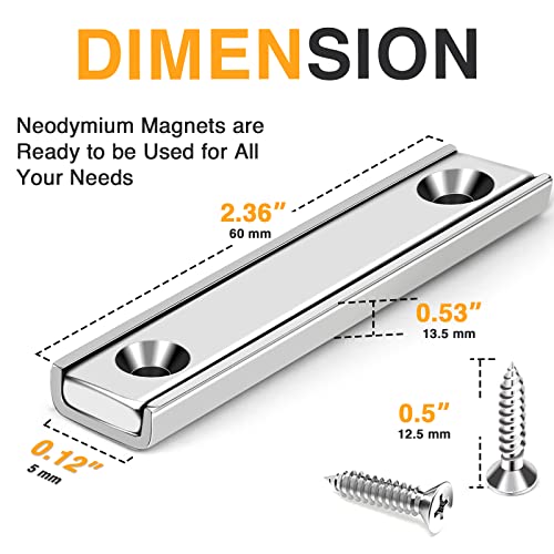 Trymag Neodymium Rectangular Magnets 70Lbs, 60 X 13.5 X 5Mm Strong Bar Magnets With Countersunk Hole And Steel Capsule, Heavy Duty Industrial Rare Earth Magnets With Screw For Wall Mounting, Pack Of 6 #TOP4