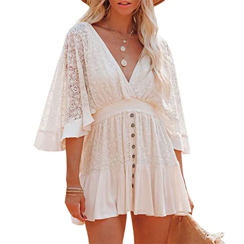 Women Boho Dress, Middle Flared Sleeves V-Neck Button Decoration Cake Beach Long Skirt