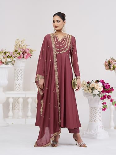 Image of MOKOSH Women's Silk Embroidery Anarkali Kurta Pant with Dupatta | Women's Anarkali Kurta Set | 3 Piece Ethnic Outfit with Dupatta | Round Neck Full Sleeve