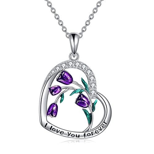 CRMAD Purple Tulips Necklace Sterling Silver Moonstone/Crystal/Cross Flower Tulips Jewelry Mother's Day Gifts