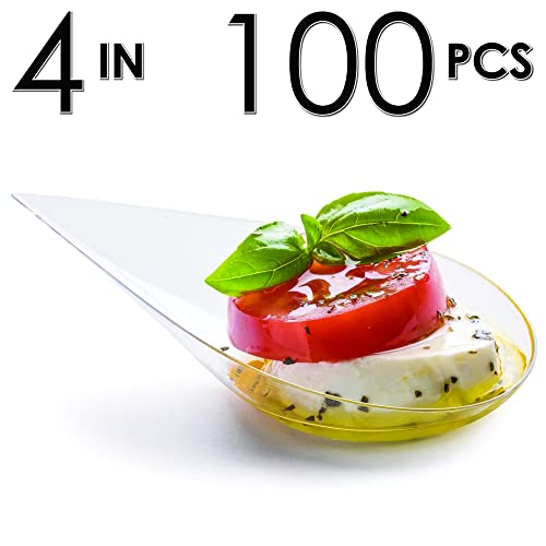 Dlux 100 4-In Tear Drop Mini Appetizer Plates, Reusable Clear Plastic Spoons - Desserts And Appetizers Dishes Serving Plate - Asian Spoon Set, Small Catering Dessert Tasting Cups - With Recipe Ebook #TOP1