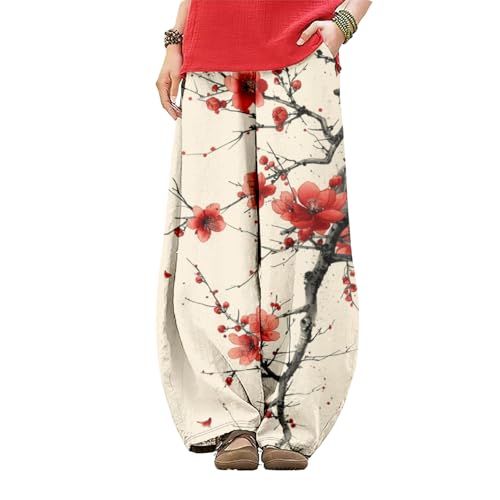 Wide Leg Pants for Women Boho Floral Printed Elastic Waist Baggy Trousers Loose Fit Lounge Pants with Pockets
