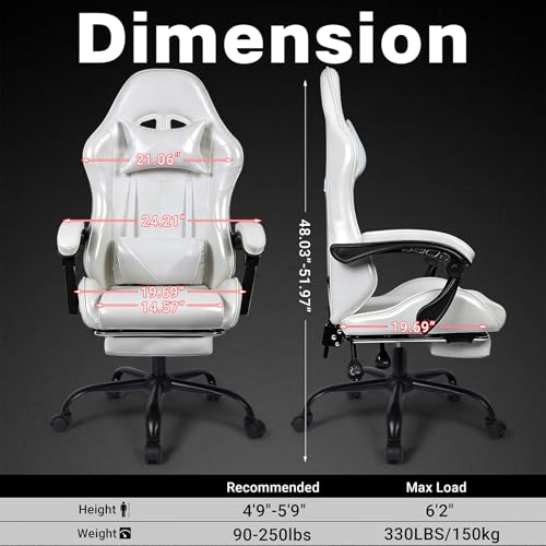 Image of Gaming Chair, Ergonomic Computer Chair with Footrest and Lumbar Support, Height Adjustable Office Chair with 360 Swivel Seat and Headrest (White)