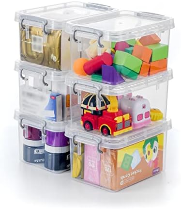 Berdeng Small Plastic Storage Bins with Lids, 3 Quart Small Storage Latch Box, Stackable and Nestable,6 Pack, Clear with Brown Buckle