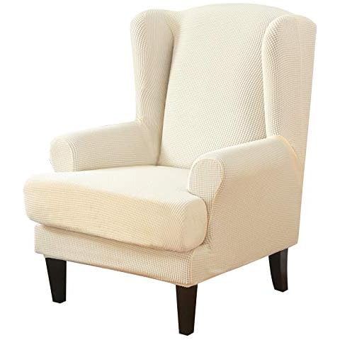 HIFUAR Jacquard Wing Chair Covers 2-Piece Wingback Armchair Slipcovers Removable Arms Slipcovers Couch Slipcover Polyester Spandex Furniture Protector (Beige) Cover