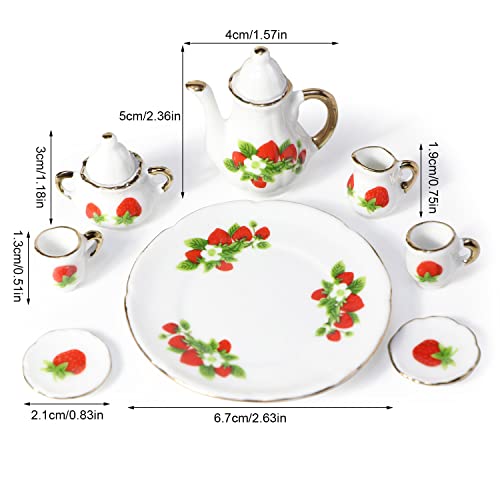 Image of Miniature Tea Set 1 /6 Scale Dollhouse Accessories Porcelain, Strawberry