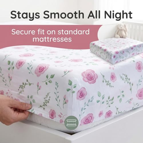 Image of EVERYDAY KIDS 2 Pack Fitted Girls Crib Sheet, 100% Soft Breathable Microfiber Baby Sheet, Fits Standard Size Crib Mattress 28in x 52in, White and Pink Nursery Sheets with Flowers, Roses and Rosebuds