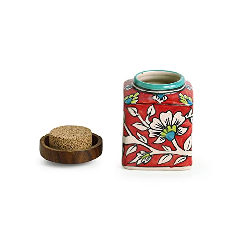 Exclusivelane 'Mughal Cuboidal' Floral Hand-Painted Small Decorative Ceramic Jars With Lids For Kitchen, Snacks | Ceramic Containers With Lids For Kitchen, Dry Fruits (Airtight, 240 Ml, 3.8 Inch) #TOP2