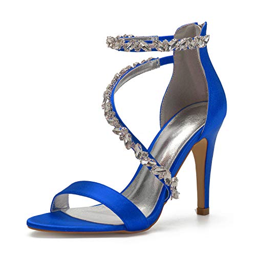 Hyinlays Women's Open Toe Wedding Pumps Rhinestones High Heels for Bride Satin Dress Pumps Evening Prom Wedding Shoes