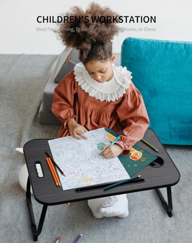 ZEAPTAC Laptop Bed Desk, Foldable Lap Table, Portable Study Table, Laptop Stand with Cup Holder & Tablet Slot & Lifting Handle for Working Writing Drawing & Eating - Dark Black