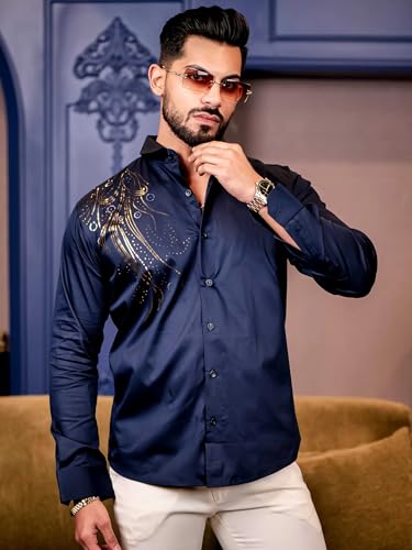 Image of Foomer Navy Blue Sequin Club Wear Shirt for Men - Elegant Shine with Satin Cotton Fabric - Party Shirt Ideal for Trendy Occasions