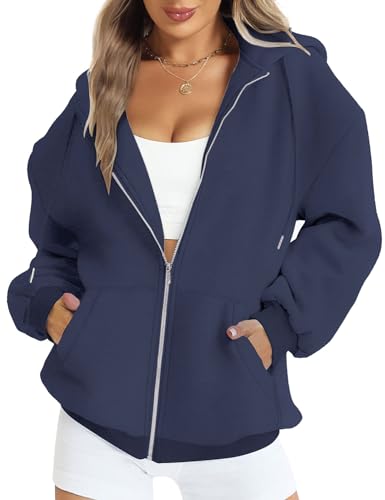 FANCYINN Frauen Zip Up Hoodies Casual Tunnelzug Übergroße Sweatshirts Fleece Vintage Langarm-Jacke mit Taschen Dunkelblau XL