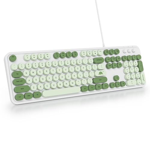 Image of Owpkeenthy Typewriter Green Matcha Cute Keyboard with Floating Round Keys, Full Size Wired Retro Keyboard Click Feeling with Foldable Stands for Laptop Office PC Desktop Windows (Matcha)
