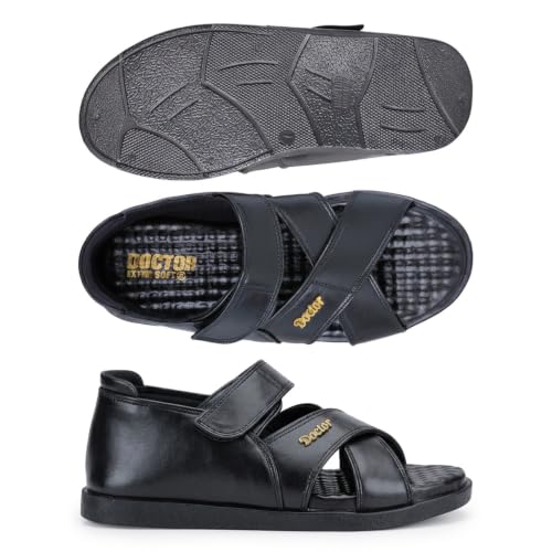 Image of DOCTOR EXTRA SOFT Orthopedic Diabetic Comfortable Dr Sole Footwear Daily Use Casual Wear Stylish Black Cushioned Adjustable Strap Sandals for Men's-Gents & Boy's L-12