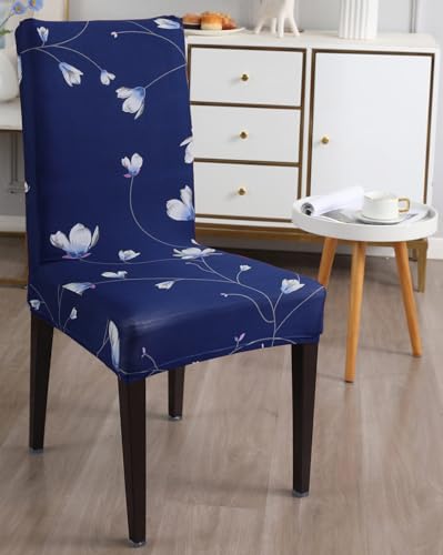 Image of Gifts Island Polyester Floral Print Dining Table Chair Cover Set of 6 Seater Stretchable Washable Chair Seat Slipcover Protector (Navy Blue)