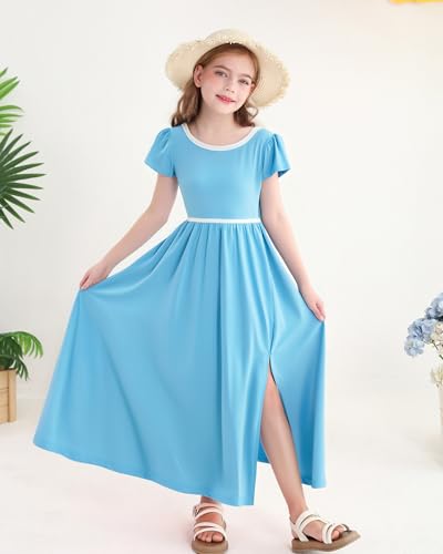 Girls Summer Dresses Tween Back to School Outfits Short Sleeve Flowy Casual Long Maxi Dress for 7-12 Years4