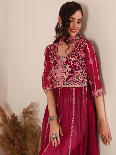 Image of EthnicJunction Women's Georgette Embroidered and Sequence Work Naira Cut Kurta and Dupatta Set