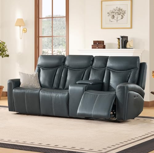 Image of CHITA Zero Gravity Leather Power Reclining Sofa, 3-Seat with Console, Navy