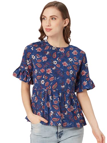 Image of Style Quotient Women Blue & Pink Floral Print A-Line Top