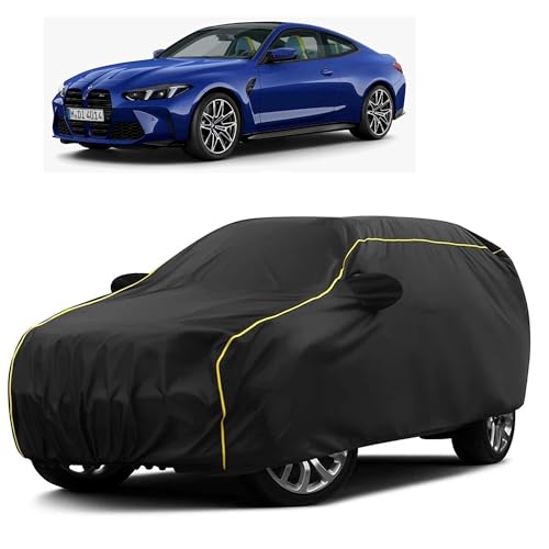 Image of Sulfar 100% Water Resistant Car Body Cover Compatible with Mirror for BMW M Series (Triple Stitched, Full Bottom Elastic, Black Taffeta with Yellow Piping)