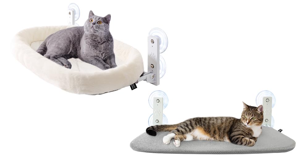 SunhooCat Window Cushion Perch Hammock(cushion/white) with Kitten Window Sill Seat(flannel+mesh/grey) Cordless Lounger Shelves with Sturdy Suction Cups for Large Cats Napping Metal Frame 20.5*11.8in