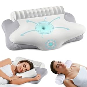 onesmile Cervical and Roll Neck Pillow-2 in 1 Removable Ergonomic for Pain Relief, Support for Sleeping, Memory Foam for Side, Back & Stomach Sleepers (Grey)