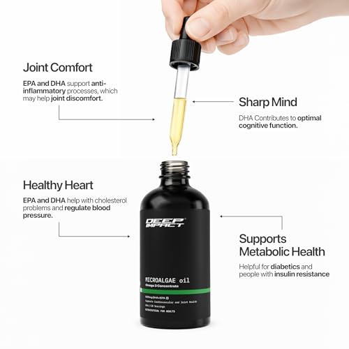 Image of Deep Impact Microalgae Omega 3 Oil |Supplement | 600mg DHA + EPA per Serve | Vegan |Omega 3 from Algae | Zero Capsules, No Fishy Taste | Orange Flavoured | Liquid form| For Eye, skin & joints | No Burps