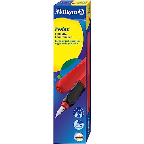 Pelikan Twist Fiery Red, Pluma Estilográfica Ergonómica, para Diestros y Zurdos, para la Escuela y la Oficina, Plumín M de Acero Inoxidable, Cartucho Rojo Largo Incluido, Recargable