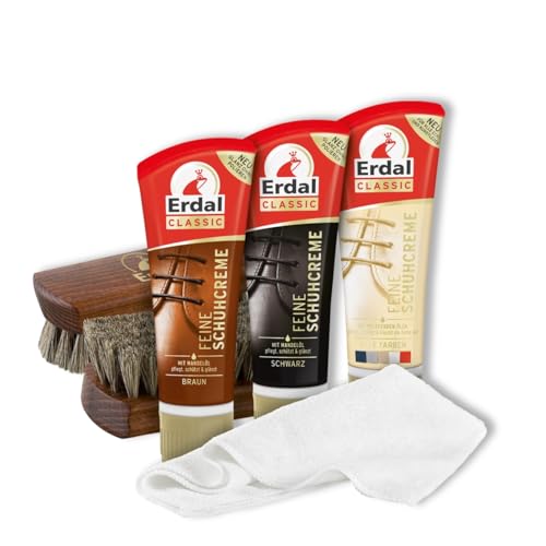 Erdal Schuhpflegeset Feine Schuhcreme, Farbauffrischung Glanz & Schutz, für Glattleder, Schuhpflegemittel-Bundle 6-teilig, mit Tubencreme für, 2 Glanzbürsten & Poliertuch...
