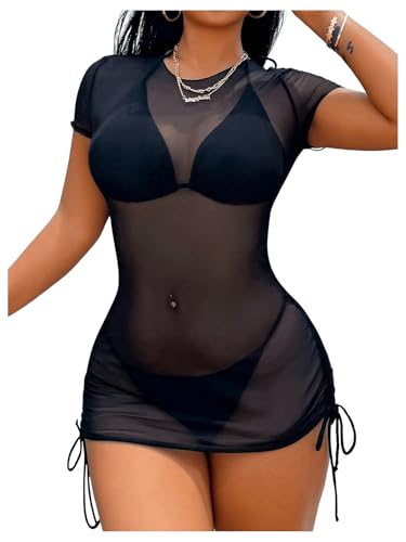 Women's Drawstring Ruched Swimsuit Coverup Short Sleeve Sheer Mesh Beach Dress Bathing Suit Cover Up
