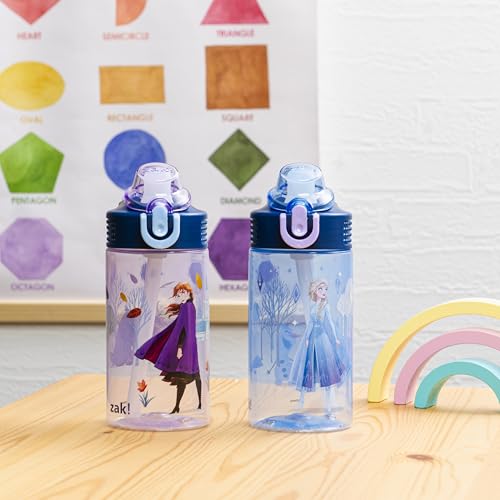 Zak Designs Disney Frozen Sage Kids Water Bottle For School or Travel, 16oz Durable Plastic Water Bottle With Straw, Handle, and Leak-Proof, Pop-Up Spout Cover, 2-Pack Set (Anna & Elsa)