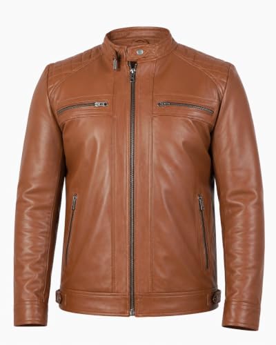 Image of Genuine Leather Men's cafe racer jacket Sheepskin Quilted Motorcycle Style Lambskin Leather Jacket Men