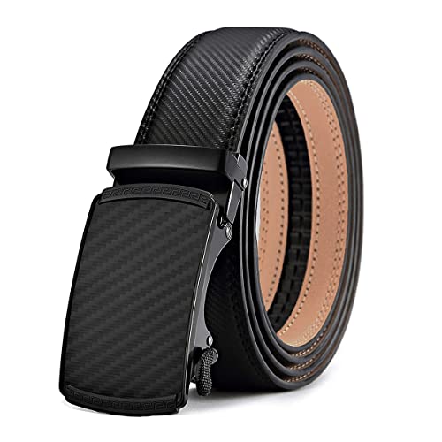 GUSTAVE® Leather Belt for Men Formal Belts for Man, Mens Fashion Casual Business Black Belt for Men Jeans, Auto-Lock Gold Metal Buckle, 130cm/51'' Length, No Punch Hole
