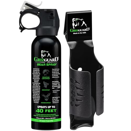 Griz Guard Bear Spray W/Holster 40 ft Range, Maximum Strength, EPA-Registered Spray for Bears, Mountain Lions, Coyotes, Dogs, & Moose, Outdoor Hiking & Camping Protection, Glow Safety Clip, 7.9 oz