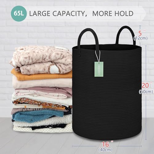 Image of Large Cotton Rope Laundry Hamper for Clothes 65L, Black