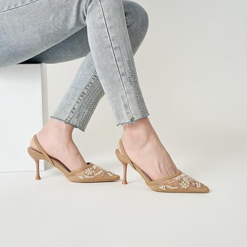 Image of Embroidered Mesh Slingback Heels for Women White Pearl Kitten Heel Pumps Pointed Toe Backless Wedding Shoes