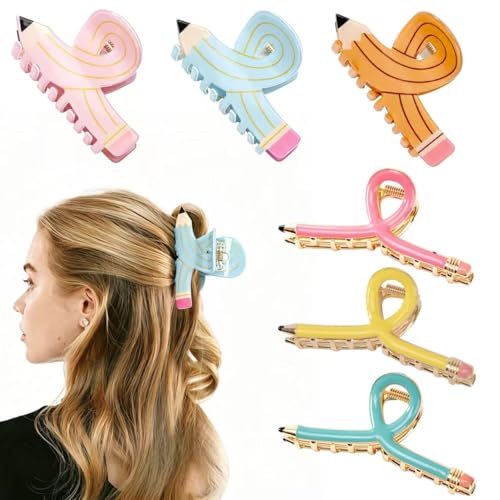 GLLCTLZ 6Pcs Pencil Hair Claw Clips – Funny Teacher Appreciation Gifts, Cute Back to School Teacher Hair Clips, Non-Slip Jaw Barrettes for Women Girls
