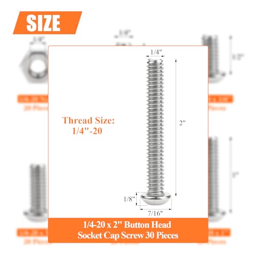 Image of 30 Pieces 1 /4-20 x 2 Button Head Socket Cap Screws Bolts, HELIFOUNER 304 Stainless Steel (18-8) Screws, Bright Finish, Fully Threaded