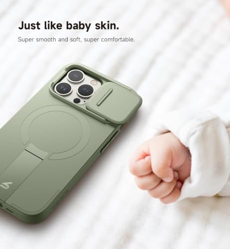 Image of SURITCH for iPhone 15 Pro Case with Magnetic Camera Slide Cover and Adjustable Kickstand, Compatible with MagSafe, Shockproof Bumper Case Slim Protective Cover 6.1 Inch, Green