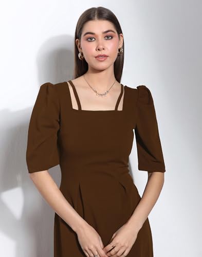 Image of Selvia Brown Puff Sleeve Square Neck Bodycon Dress