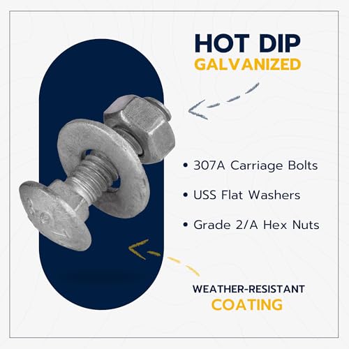 Image of 1 /4 inch x 1 inch (100 Pack) Galvanized Carriage Bolt Kit Grade 307A Includes 1 /4 inch USS Flat Washers (100 pcs) and 1 /4 inch-20 Hex Nuts (100 pcs), Hot Dip Galvanized for Exterior Use by Makers Bolt