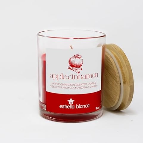 Estrella Blanca Aromatic Candle 7oz Wooden Top - Apple Cinnamon, Long-Lasting Scented Candle Cover