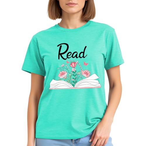 Image of Read Book Shirt for Women-Reading Teacher Tee Tops Pink Flower and Butterfly Short Sleeve Cute Book Shirt
