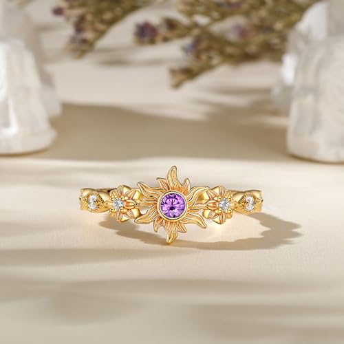 Jeulia Promise Ring for Women: Sterling Silver & Gold Plated Sunflower Ring with Purple Gemstone, Princess Valentine Wedding Gift4