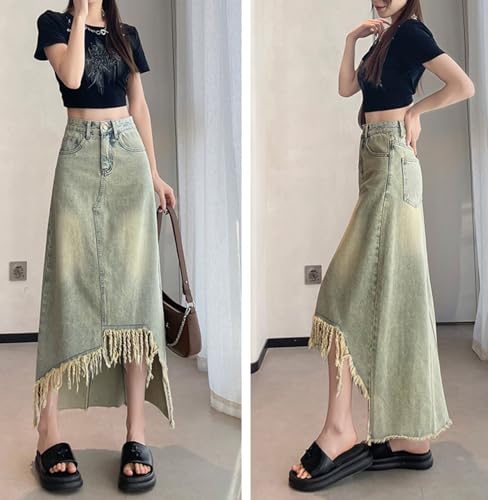 Women's Retro Denim Skirt High Waist Slim Irregular Tassel Hem Straight Casual Mid-Length A-Line Jeans Skirts2