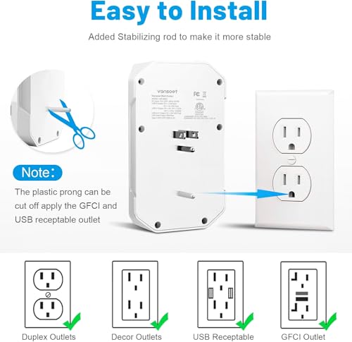 Extensión de toma múltiple Vansoet con 6 salidas y 4 puertos USB (1 USB C PD 20W), protector de sobretensión de 2100J, tomas en 3 lados para viaje, hogar, oficina, dormitorio miniatura 4