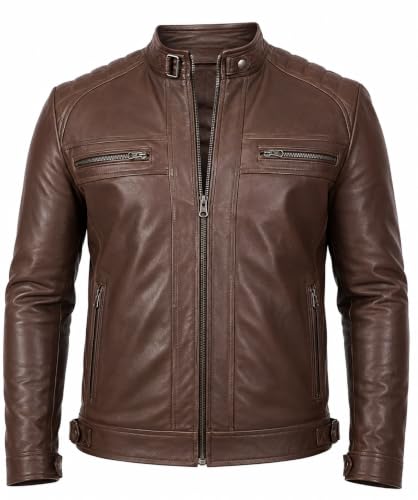 Image of Genuine Leather Men's cafe racer jacket Sheepskin Quilted Motorcycle Style Lambskin Leather Jacket Men