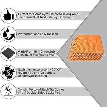 GSQUARE Fitness Puzzle Mat, Gym Floor Mat, Exercise Mat, EVA Foam Interlocking Tiles, Protective Flooring for Gym Equipment and Workouts, 12mm Extra Thick (Orange, 4pcs - 16 Square Feet) 3